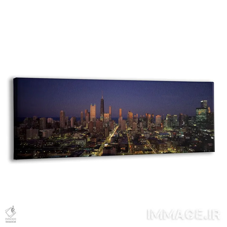 تابلو Chicago, Illinois, USA" - "آسمانخراشها در یک شهر روشن در غروب، شیکاگو، ایلینوی، ایالات متحده" اثر پانورامیک ایمجز (استودیو عکاسی عریض) - نمای پرسپکتیو محصول
