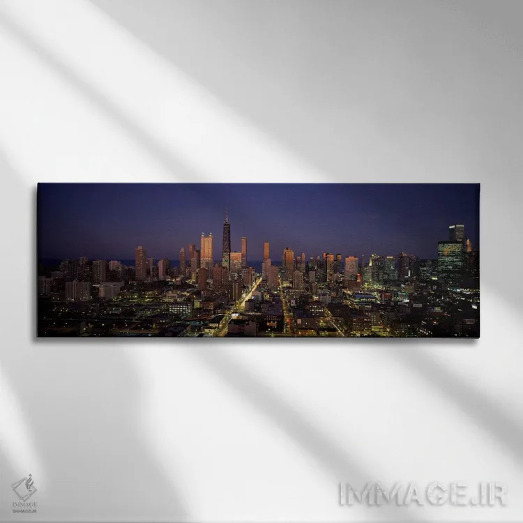 تابلو Chicago, Illinois, USA" - "آسمانخراشها در یک شهر روشن در غروب، شیکاگو، ایلینوی، ایالات متحده" اثر پانورامیک ایمجز (استودیو عکاسی عریض) - نمای روبهرو روی دیوار