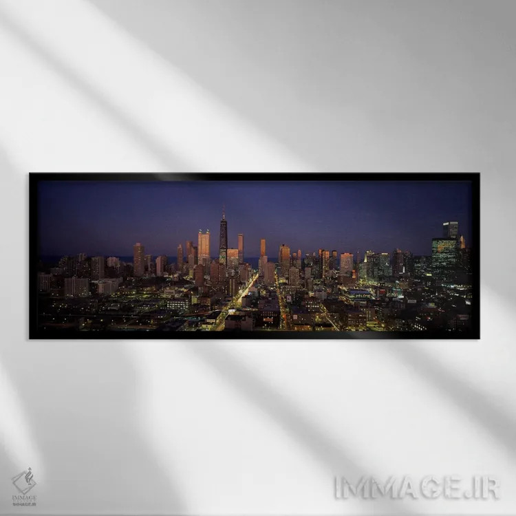 تابلو Chicago, Illinois, USA" - "آسمانخراشها در یک شهر روشن در غروب، شیکاگو، ایلینوی، ایالات متحده" اثر پانورامیک ایمجز (استودیو عکاسی عریض) - نمای قابدار مشکی