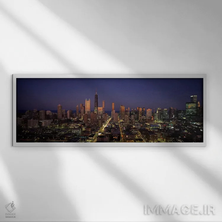 تابلو Chicago, Illinois, USA" - "آسمانخراشها در یک شهر روشن در غروب، شیکاگو، ایلینوی، ایالات متحده" اثر پانورامیک ایمجز (استودیو عکاسی عریض) - نمای قابدار سفید