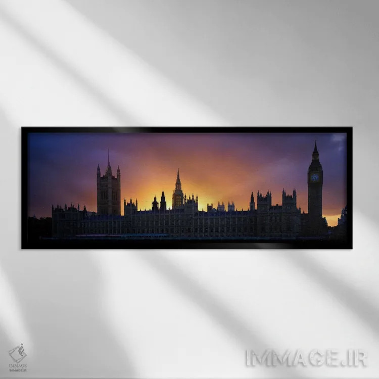 تابلو غروب ساختمان پارلمان و بیگ بن لندن (انگلستان) اثر پانورامیک ایمجز (استودیو عکاسی عریض) - نمای قابدار مشکی