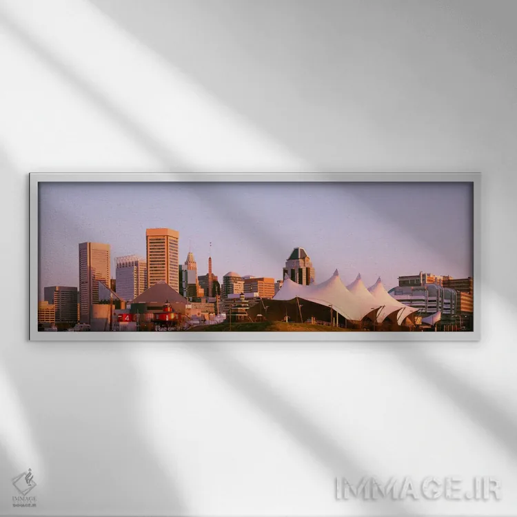 تابلو نمای شهری در صبح و غرفه کنسرت پییر ۶، بالتیمور، مریلند، ایالات متحده اثر پانورامیک ایمجز (استودیو عکاسی عریض) - نمای قابدار سفید