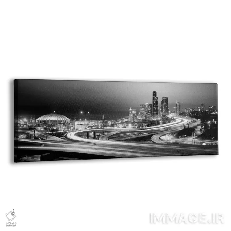 تابلو ساختمانها روشن شده در شب، سیاتل، ایالت واشنگتن، ایالات متحده آمریکا (سیاه و سفید) اثر پانورامیک ایمجز (استودیو عکاسی عریض) - نمای پرسپکتیو محصول