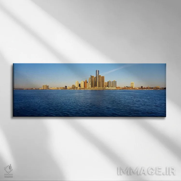 تابلو آسمانخراشها در کنار آب، دیترویت، میشیگان، ایالات متحده آمریکا اثر پانورامیک ایمجز (استودیو عکاسی عریض) - نمای روبهرو روی دیوار