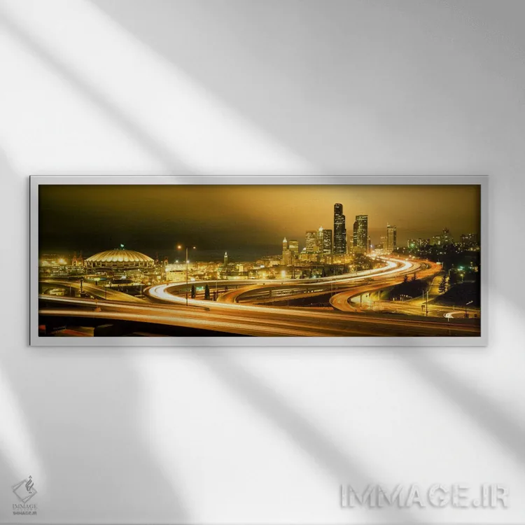 تابلو ساختمانها روشن شده در شب، سیاتل، ایالت واشنگتن، ایالات متحده آمریکا اثر پانورامیک ایمجز (استودیو عکاسی عریض) - نمای قابدار سفید