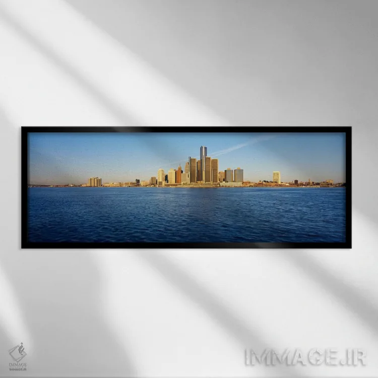 تابلو آسمانخراشها در کنار آب، دیترویت، میشیگان، ایالات متحده آمریکا اثر پانورامیک ایمجز (استودیو عکاسی عریض) - نمای قابدار مشکی