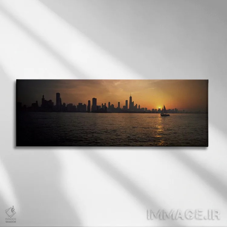 تابلو سیلوئت ساختمانها در کنار آب، نیوی پیر، شیکاگو، ایلینوی، ایالات متحده آمریکا اثر پانورامیک ایمجز (استودیو عکاسی عریض) - نمای روبهرو روی دیوار