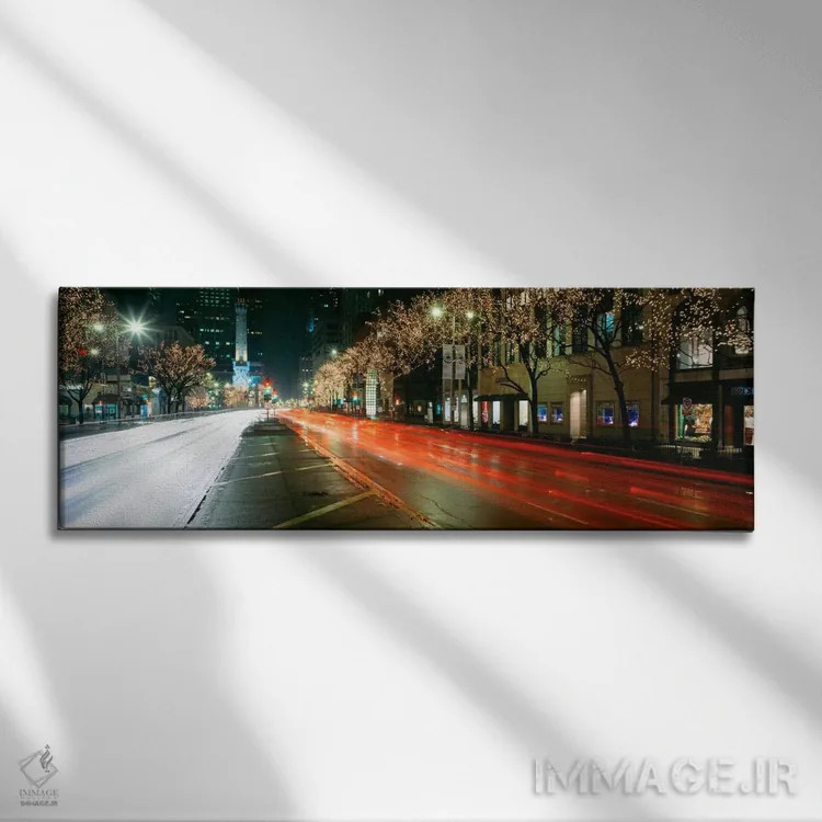 تابلو حرکت مبهم خودروها در کنار خیابان میشیگان که با چراغهای کریسمس روشن شده است، شیکاگو، ایلینوی، ایالات متحده آمریکا اثر پانورامیک ایمجز (استودیو عکاسی عریض) - نمای روبهرو روی دیوار