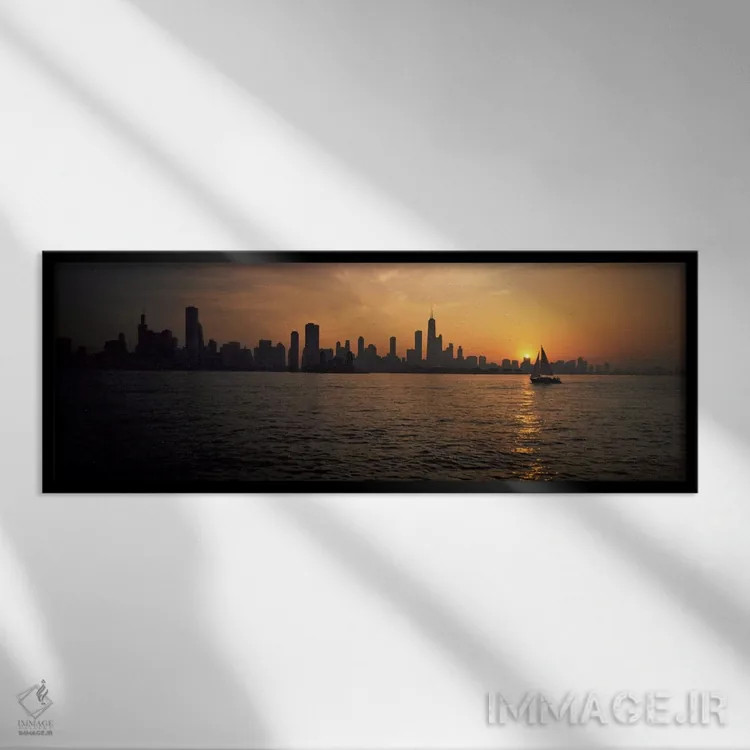 تابلو سیلوئت ساختمانها در کنار آب، نیوی پیر، شیکاگو، ایلینوی، ایالات متحده آمریکا اثر پانورامیک ایمجز (استودیو عکاسی عریض) - نمای قابدار مشکی