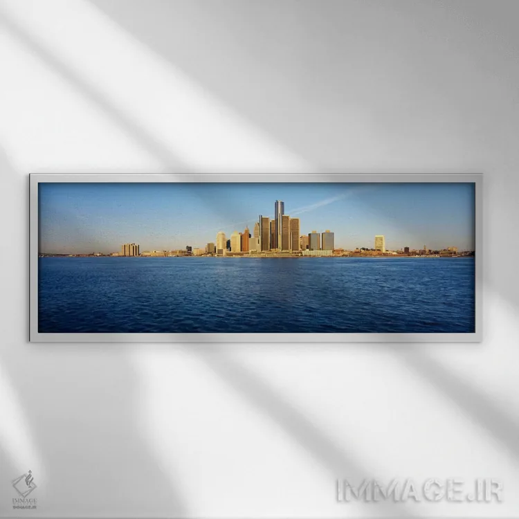 تابلو آسمانخراشها در کنار آب، دیترویت، میشیگان، ایالات متحده آمریکا اثر پانورامیک ایمجز (استودیو عکاسی عریض) - نمای قابدار سفید