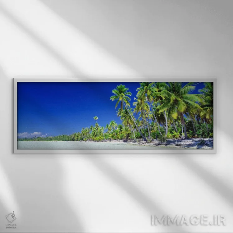 تابلو ساحل پر از درخت نخل، بورا بورا، جزایر سوسایتی، پولینزی فرانسه اثر پانورامیک ایمجز (استودیو عکاسی عریض) - نمای قابدار سفید