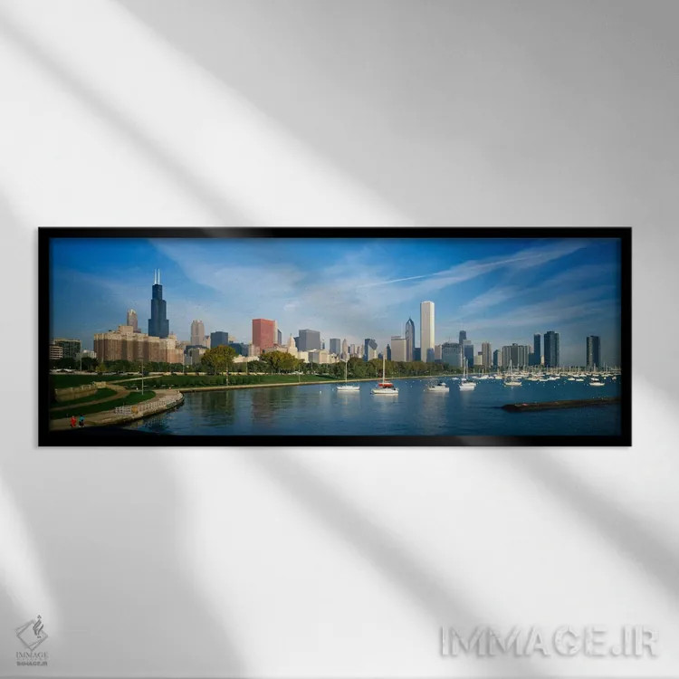 تابلو آسمانخراشها در یک شهر، شیکاگو، ایلینوی، ایالات متحده آمریکا اثر پانورامیک ایمجز (استودیو عکاسی عریض) - نمای قابدار مشکی