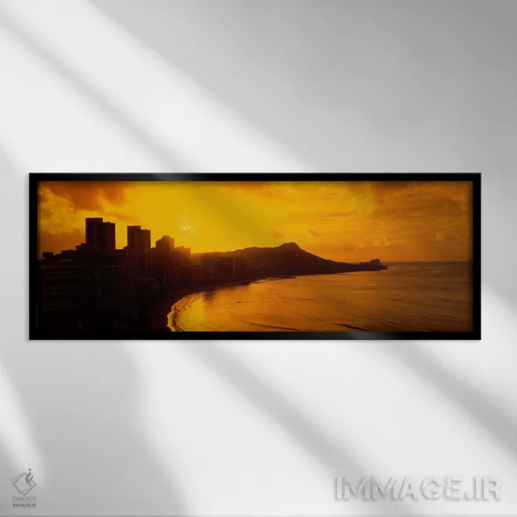 تابلو ایالات متحده آمریکا، هاوایی، هونولولو، ساحل وایکیکی، دید صبحگاهی از شهر و ساحل اثر پانورامیک ایمجز (استودیو عکاسی عریض) - نمای قابدار مشکی