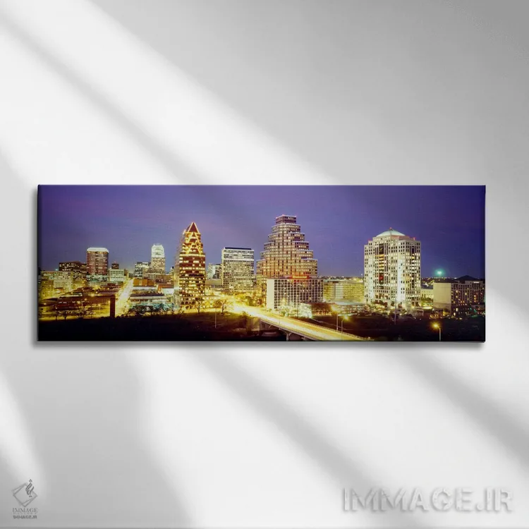تابلو ساختمانها که در غروب روشن شدهاند، آستین، تگزاس، ایالات متحده آمریکا اثر پانورامیک ایمجز (استودیو عکاسی عریض) - نمای روبهرو روی دیوار