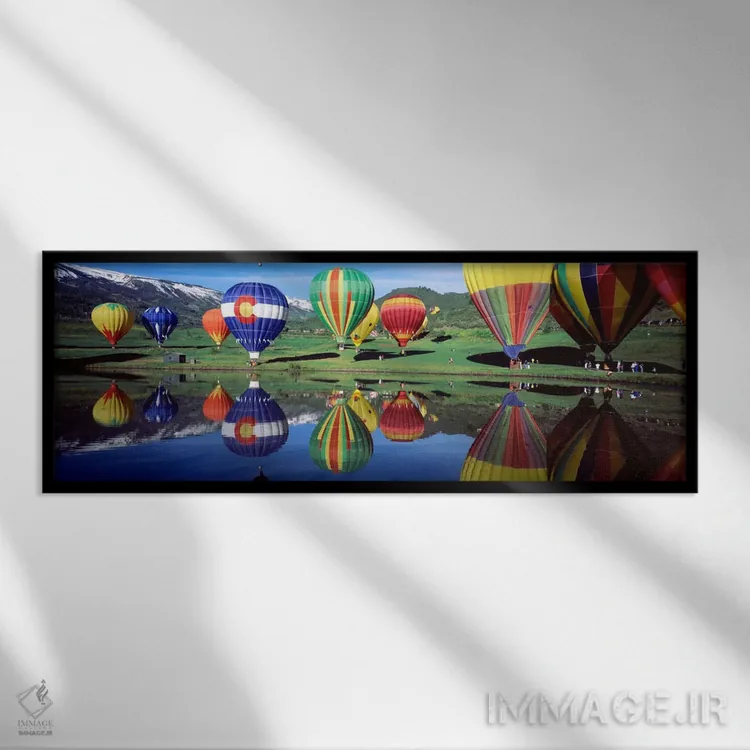 تابلو بازتاب بالنهای هوای داغ روی آب، کلرادو، ایالات متحده آمریکا اثر پانورامیک ایمجز (استودیو عکاسی عریض) - نمای قابدار مشکی