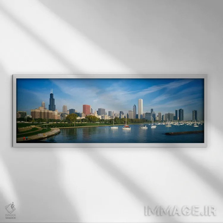 تابلو آسمانخراشها در یک شهر، شیکاگو، ایلینوی، ایالات متحده آمریکا اثر پانورامیک ایمجز (استودیو عکاسی عریض) - نمای قابدار سفید