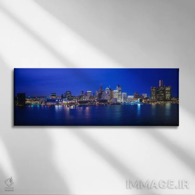 تابلو Michigan, Detroit, Night" - "ایالات متحده، میشیگان، دیترویت، شب" اثر پانورامیک ایمجز (استودیو عکاسی عریض) - نمای روبهرو روی دیوار