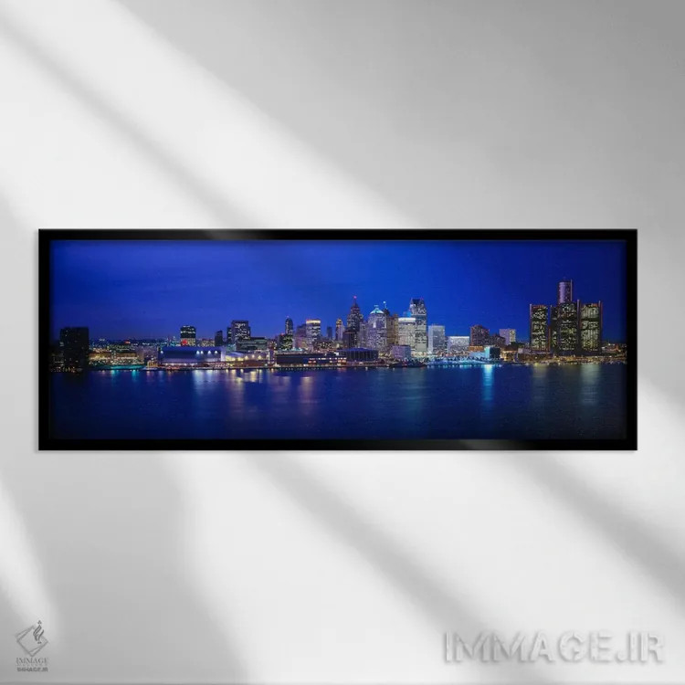 تابلو Michigan, Detroit, Night" - "ایالات متحده، میشیگان، دیترویت، شب" اثر پانورامیک ایمجز (استودیو عکاسی عریض) - نمای قابدار مشکی