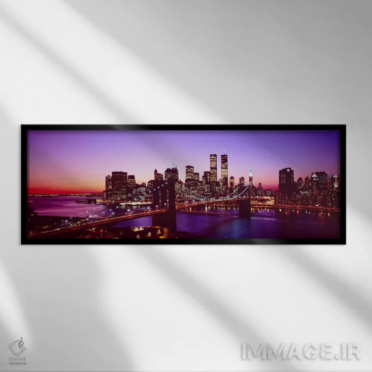 تابلو New York City, Brooklyn Bridge, Twilight" - "ایالات متحده، نیویورک سیتی، پل بروکلین، هنگام غروب" اثر پانورامیک ایمجز (استودیو عکاسی عریض) - نمای قابدار مشکی