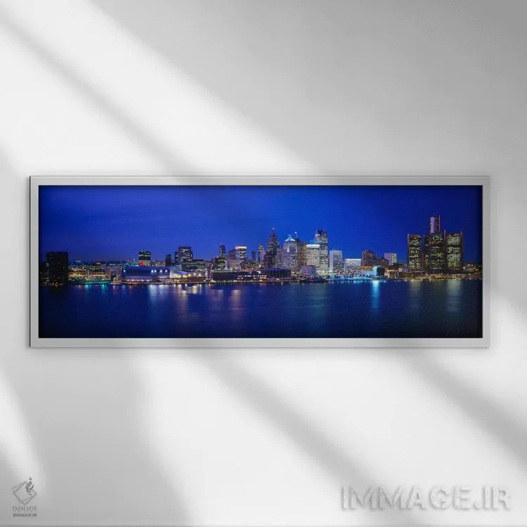 تابلو Michigan, Detroit, Night" - "ایالات متحده، میشیگان، دیترویت، شب" اثر پانورامیک ایمجز (استودیو عکاسی عریض) - نمای قابدار سفید
