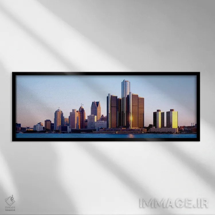 تابلو Detroit, Michigan, USA" - "صبحگاه، دیترویت، میشیگان، ایالات متحده" اثر پانورامیک ایمجز (استودیو عکاسی عریض) - نمای قابدار مشکی