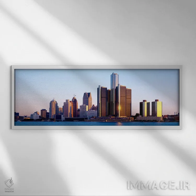 تابلو Detroit, Michigan, USA" - "صبحگاه، دیترویت، میشیگان، ایالات متحده" اثر پانورامیک ایمجز (استودیو عکاسی عریض) - نمای قابدار سفید