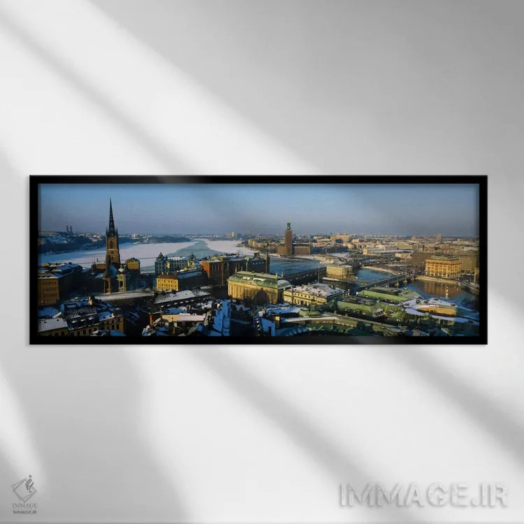 تابلو Stockholm, Sweden" - "نمای بالا به سوی شهر، استکهلم، سوئد" اثر پانورامیک ایمجز (استودیو عکاسی عریض) - نمای قابدار مشکی