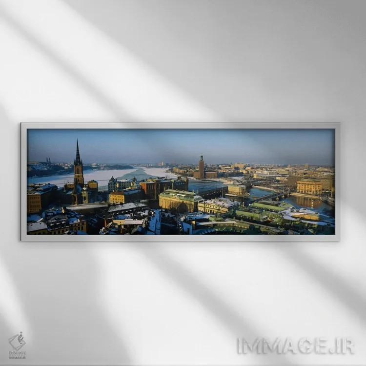 تابلو Stockholm, Sweden" - "نمای بالا به سوی شهر، استکهلم، سوئد" اثر پانورامیک ایمجز (استودیو عکاسی عریض) - نمای قابدار سفید