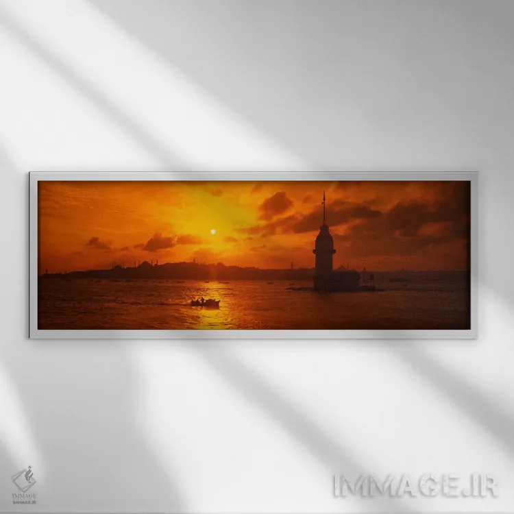 تابلو Bosphorus, Istanbul, Turkey" - "غروب آفتاب بر فراز یک رودخانه، بسفر، استانبول، ترکیه" اثر پانورامیک ایمجز (استودیو عکاسی عریض) - نمای قابدار سفید