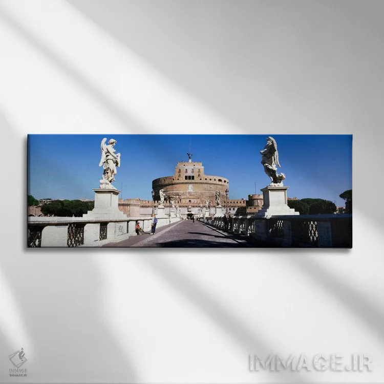 تابلو St. Angels Castle, Rome, Italy" - "مجسمههایی در دو طرف یک پل، قلعه سنت آنجلو، رم، ایتالیا" اثر پانورامیک ایمجز (استودیو عکاسی عریض) - نمای روبهرو روی دیوار