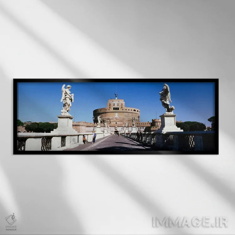 تابلو St. Angels Castle, Rome, Italy" - "مجسمههایی در دو طرف یک پل، قلعه سنت آنجلو، رم، ایتالیا" اثر پانورامیک ایمجز (استودیو عکاسی عریض) - نمای قابدار مشکی