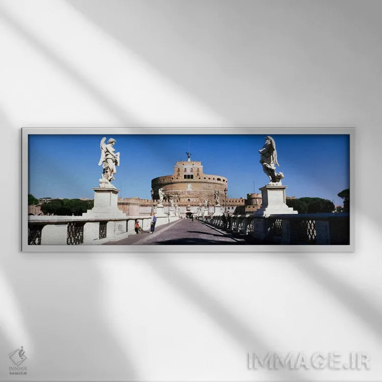 تابلو St. Angels Castle, Rome, Italy" - "مجسمههایی در دو طرف یک پل، قلعه سنت آنجلو، رم، ایتالیا" اثر پانورامیک ایمجز (استودیو عکاسی عریض) - نمای قابدار سفید