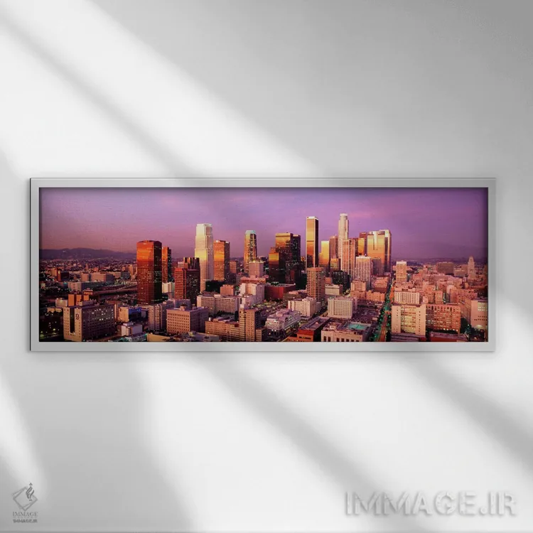 تابلو غروب خط آسمان لسآنجلس (کالیفرنیا، آمریکا) اثر پانورامیک ایمجز (استودیو عکاسی عریض) - نمای قابدار سفید