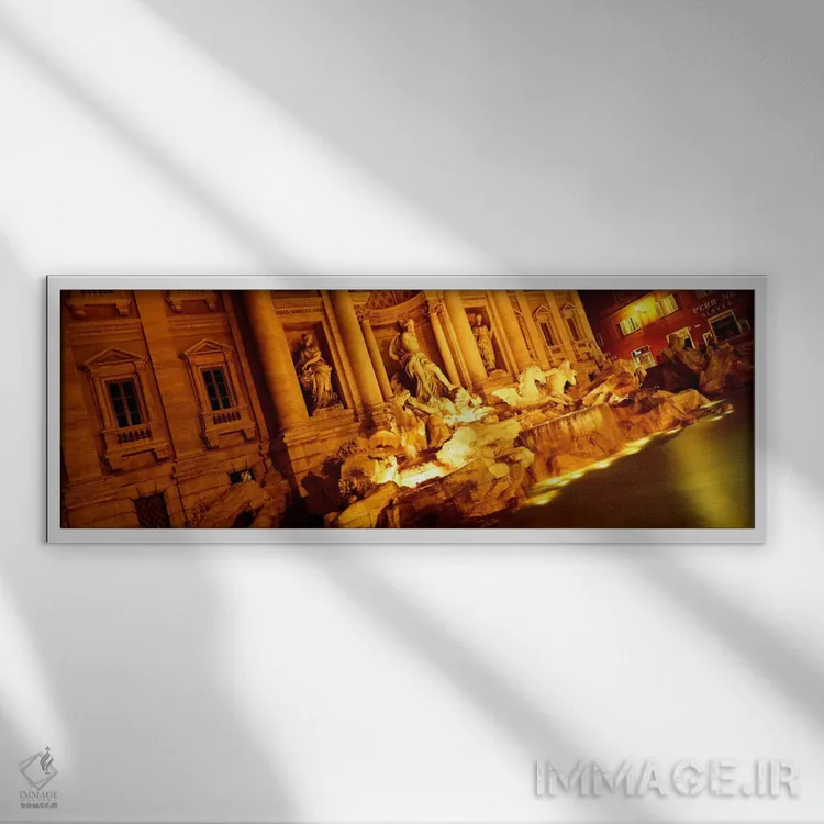 تابلو Trevi Fountain, Rome, Lazio, Italy" - "نمای از زاویه جانبی در شب، آبنمای تروی، رم، لاتزیو، ایتالیا" اثر پانورامیک ایمجز (استودیو عکاسی عریض) - نمای قابدار سفید