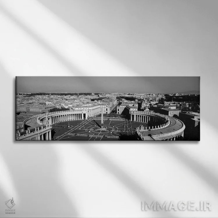 تابلو St. Peter's Square, Vatican City, Rome, Italy (black & white)" - "نمای بالا از یک شهر، میدان سنت پیتر، واتیکان، رم، ایتالیا (سیاه و سفید)" اثر پانورامیک ایمجز (استودیو عکاسی عریض) - نمای روبهرو روی دیوار