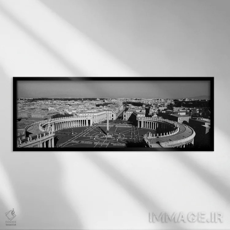 تابلو St. Peter's Square, Vatican City, Rome, Italy (black & white)" - "نمای بالا از یک شهر، میدان سنت پیتر، واتیکان، رم، ایتالیا (سیاه و سفید)" اثر پانورامیک ایمجز (استودیو عکاسی عریض) - نمای قابدار مشکی