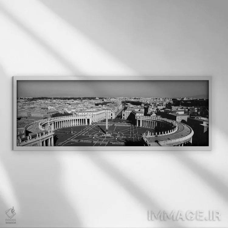 تابلو St. Peter's Square, Vatican City, Rome, Italy (black & white)" - "نمای بالا از یک شهر، میدان سنت پیتر، واتیکان، رم، ایتالیا (سیاه و سفید)" اثر پانورامیک ایمجز (استودیو عکاسی عریض) - نمای قابدار سفید