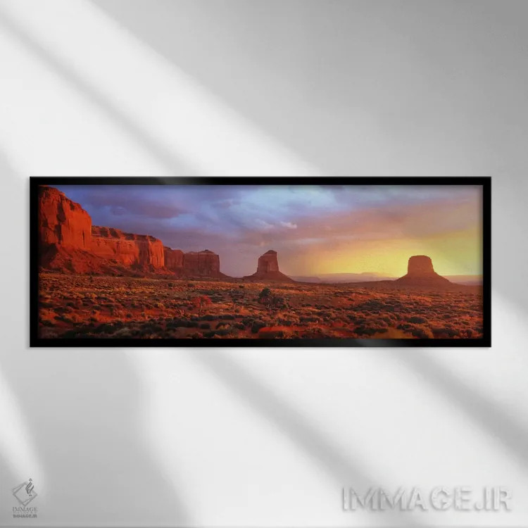 تابلو Navajo Nation, Arizona, USA" - "طلوع آفتاب در دره یادبود، ملت ناواهو، آریزونا، ایالات متحده" اثر پانورامیک ایمجز (استودیو عکاسی عریض) - نمای قابدار مشکی