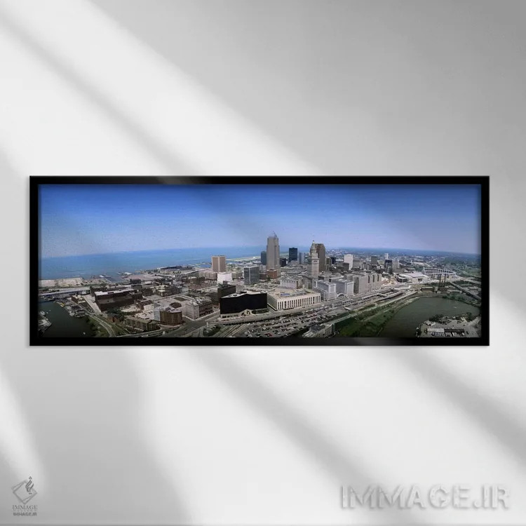 تابلو نمای هوایی ساختمانها در کلیولند، شهرستان کایاهوگا، اوهایو، ایالات متحده آمریکا اثر پانورامیک ایمجز (استودیو عکاسی عریض) - نمای قابدار مشکی