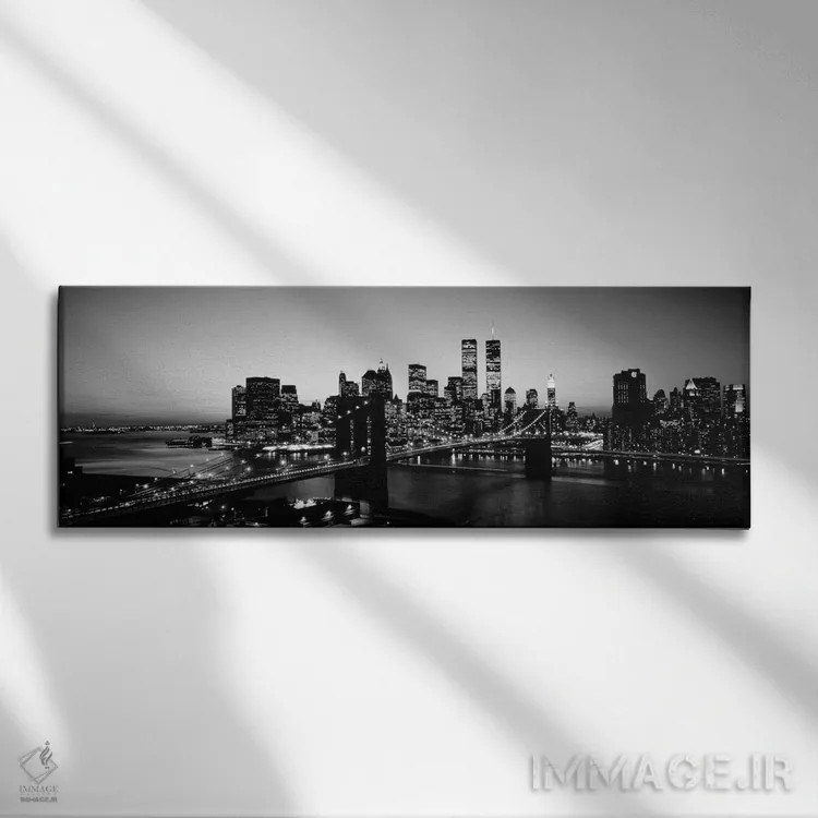 تابلو ایالات متحده آمریکا، نیویورک سیتی، پل بروکلین، غروب (سیاه و سفید) اثر پانورامیک ایمجز (استودیو عکاسی عریض) - نمای روبهرو روی دیوار