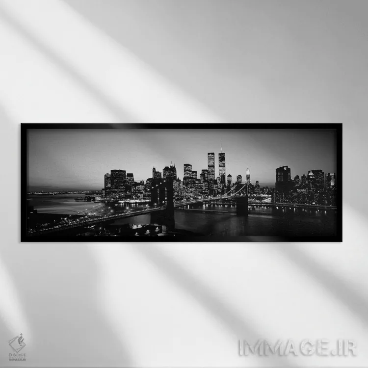 تابلو ایالات متحده آمریکا، نیویورک سیتی، پل بروکلین، غروب (سیاه و سفید) اثر پانورامیک ایمجز (استودیو عکاسی عریض) - نمای قابدار مشکی