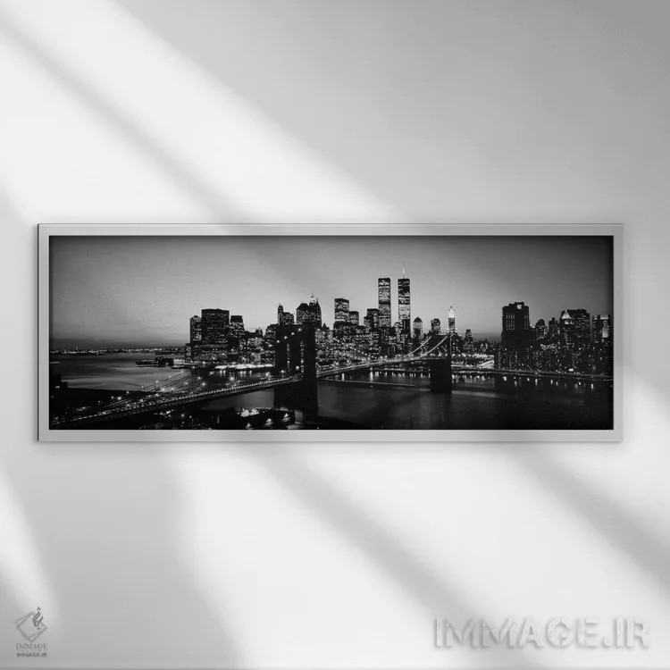 تابلو ایالات متحده آمریکا، نیویورک سیتی، پل بروکلین، غروب (سیاه و سفید) اثر پانورامیک ایمجز (استودیو عکاسی عریض) - نمای قابدار سفید