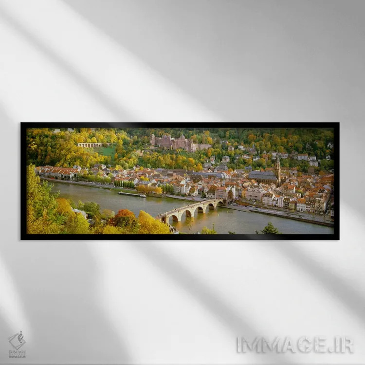 تابلو نمای هوایی از یک شهر در کنار رودخانه، قلعه هایدلبرگ، هایدلبرگ، بادن-وورتمبرگ، آلمان اثر پانورامیک ایمجز (استودیو عکاسی عریض) - نمای قابدار مشکی