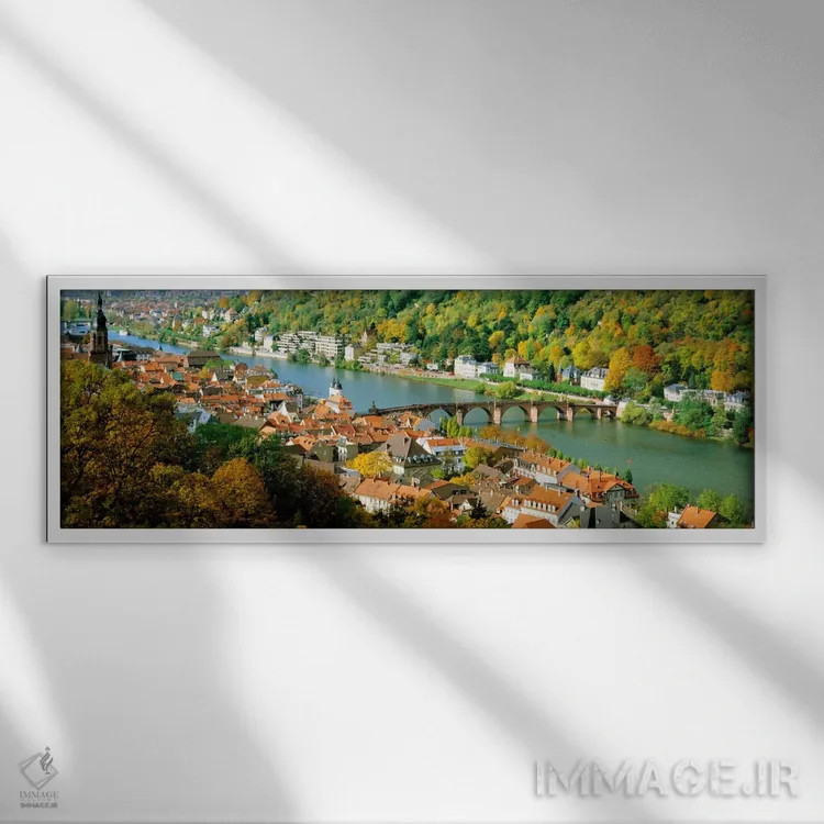 تابلو نمای هوایی از یک شهر در کنار رودخانه، قلعه هایدلبرگ، هایدلبرگ، بادن-وورتمبرگ، آلمان اثر پانورامیک ایمجز (استودیو عکاسی عریض) - نمای قابدار سفید