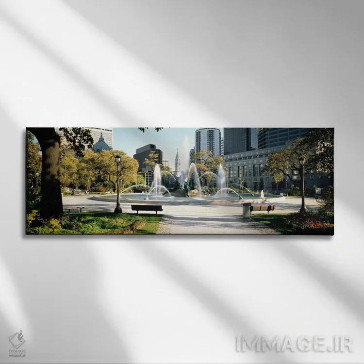 تابلو فوارهای در پارک، فواره یادبود سوآن، لوگان سیرکل، فیلادلفیا، ایالات متحده آمریکا اثر پانورامیک ایمجز (استودیو عکاسی عریض) - نمای روبهرو روی دیوار