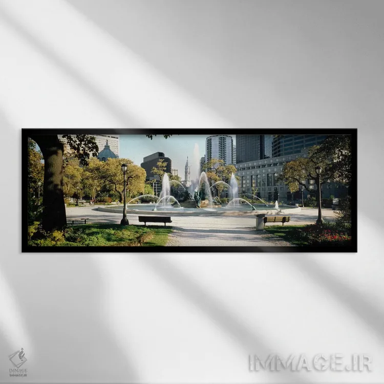 تابلو فوارهای در پارک، فواره یادبود سوآن، لوگان سیرکل، فیلادلفیا، ایالات متحده آمریکا اثر پانورامیک ایمجز (استودیو عکاسی عریض) - نمای قابدار مشکی