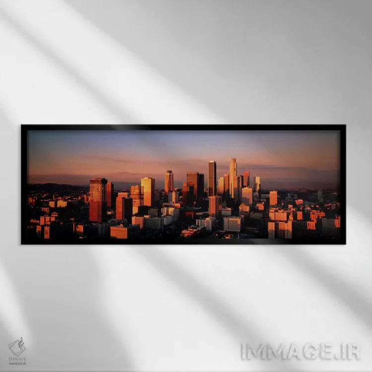 تابلو نمای آسمانشهر در غروب، لسآنجلس، کالیفرنیا، ایالات متحده آمریکا اثر پانورامیک ایمجز (استودیو عکاسی عریض) - نمای قابدار مشکی