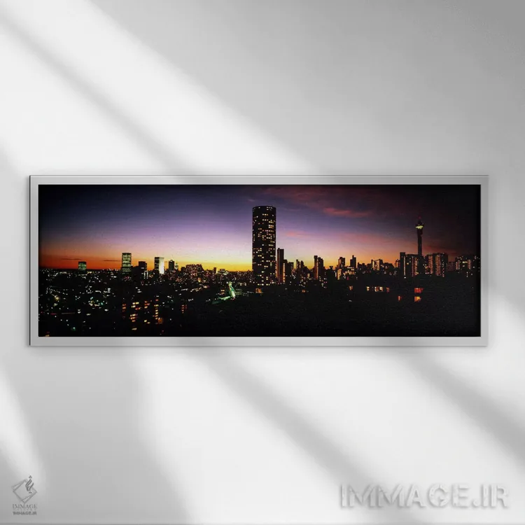 تابلو نمای آسمانشهر مرکز شهر در غروب، ژوهانسبورگ، گائوتنگ، آفریقای جنوبی اثر پانورامیک ایمجز (استودیو عکاسی عریض) - نمای قابدار سفید