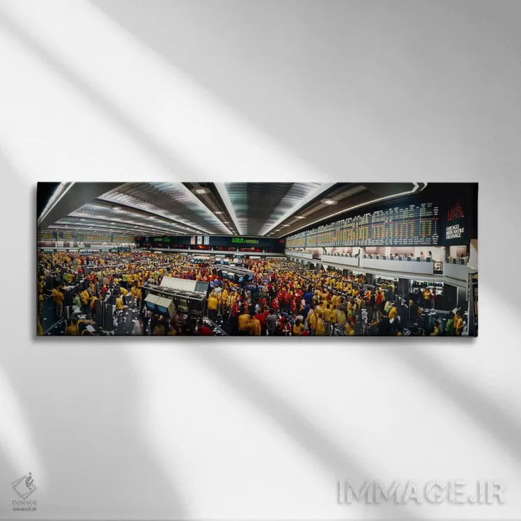 تابلو آشوب در طبقه تجارت، بورس کالای شیکاگو، شیکاگو، ایلینوی، ایالات متحده آمریکا اثر پانورامیک ایمجز (استودیو عکاسی عریض) - نمای روبهرو روی دیوار