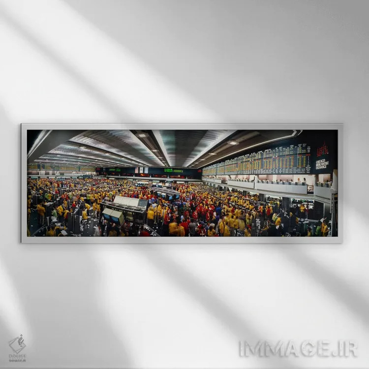 تابلو آشوب در طبقه تجارت، بورس کالای شیکاگو، شیکاگو، ایلینوی، ایالات متحده آمریکا اثر پانورامیک ایمجز (استودیو عکاسی عریض) - نمای قابدار سفید